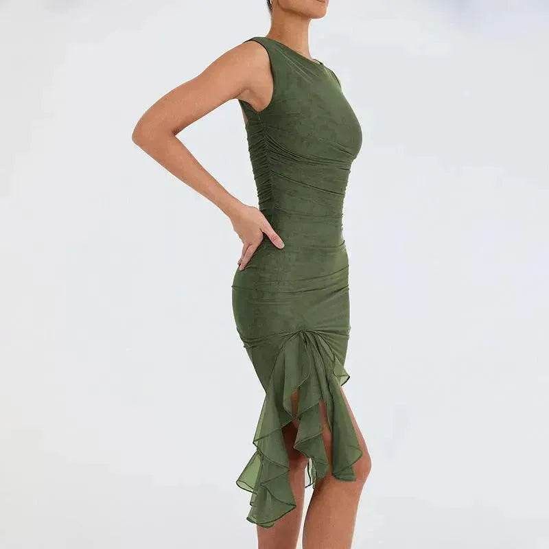 Olive Green Ruched Mini Dress with Ruffled Hem Olive Green Ruched Mini Dress with Ruffled Hem — Dresses for Skinny Girls