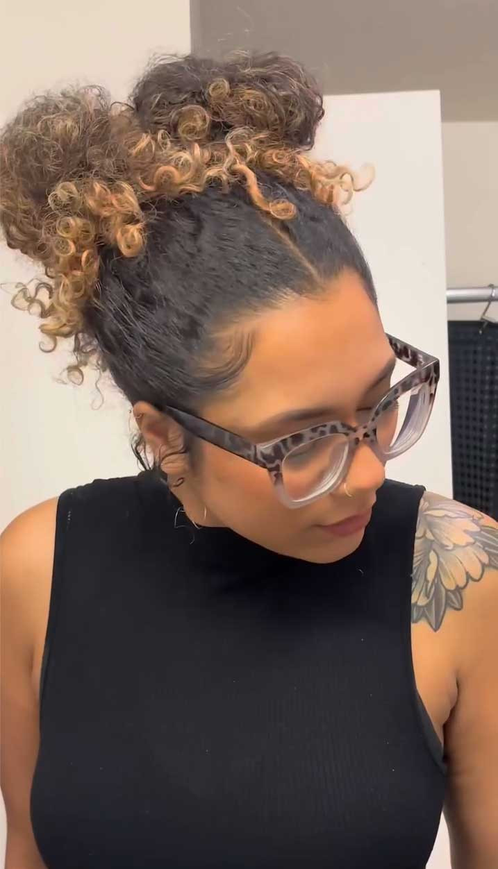 Collarbone Curly Buns with Highlights — Space Buns Natural Hair