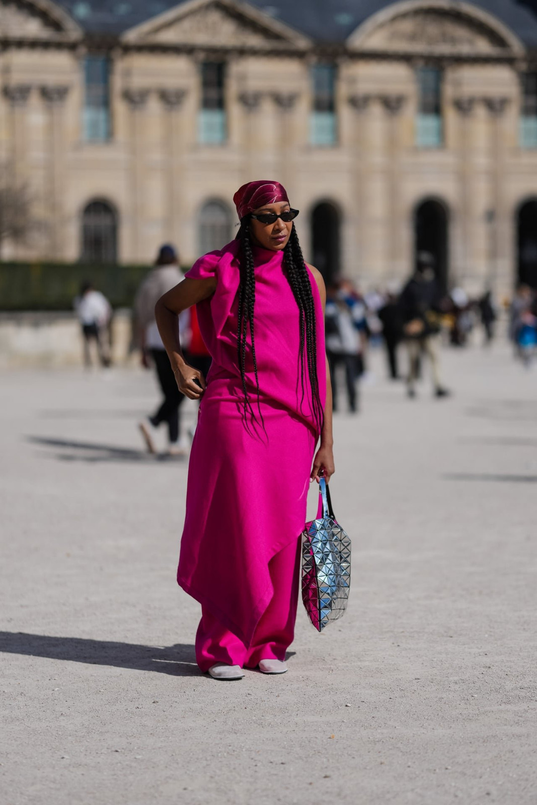 Silk Headscarf with Draped Dress and Sneakers — Silk Scarf Outfits