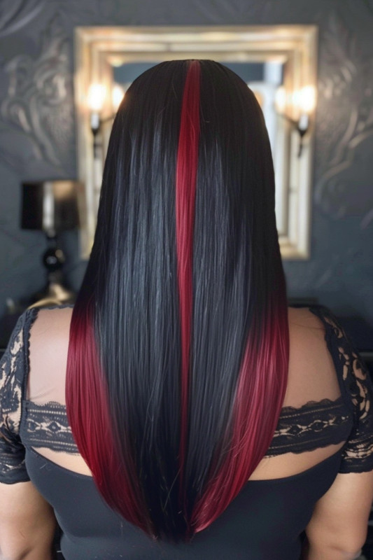 Central Red Streak and Tips Central Red Streak and Tips — Red Highlights on Black Hair