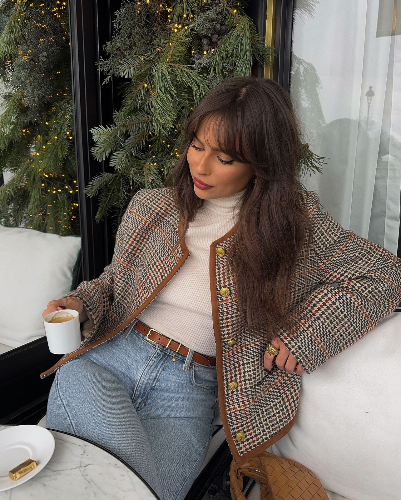 Daytime Casual: Checked Blazer and Woven Shoulder Bag Daytime Casual: Checked Blazer and Woven Shoulder Bag — Bottega Veneta Bag Outfits