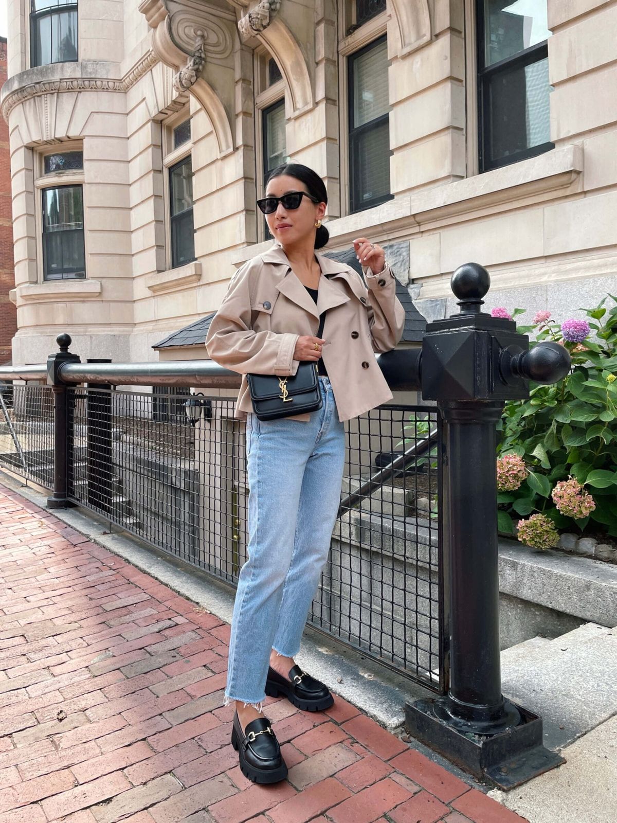Cropped Trench Coat and Straight-Leg Jeans with Loafers — Chunky Loafers Outfits