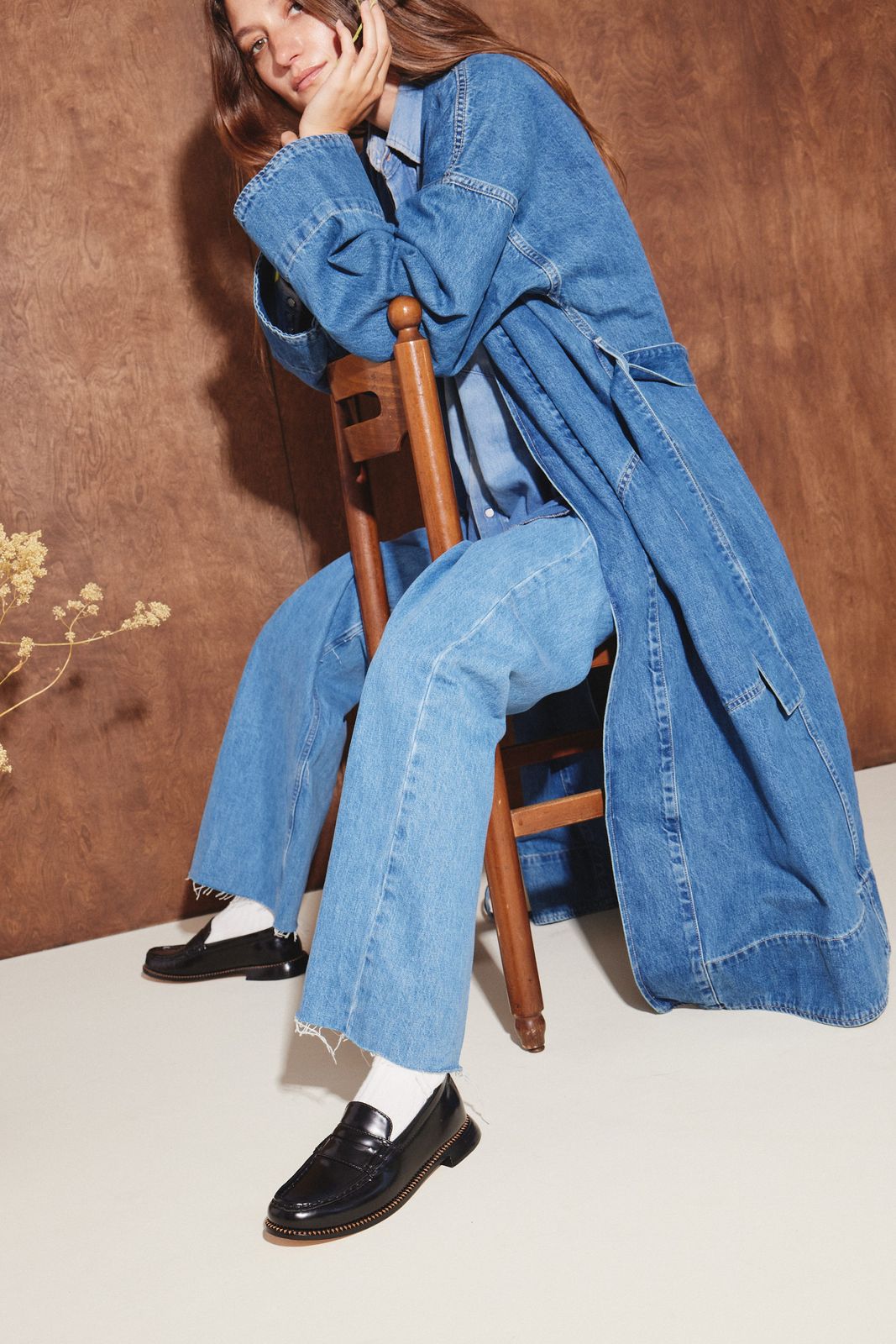 Monochromatic Denim with Oversized Coat and Black Loafers — Penny Loafers Outfits