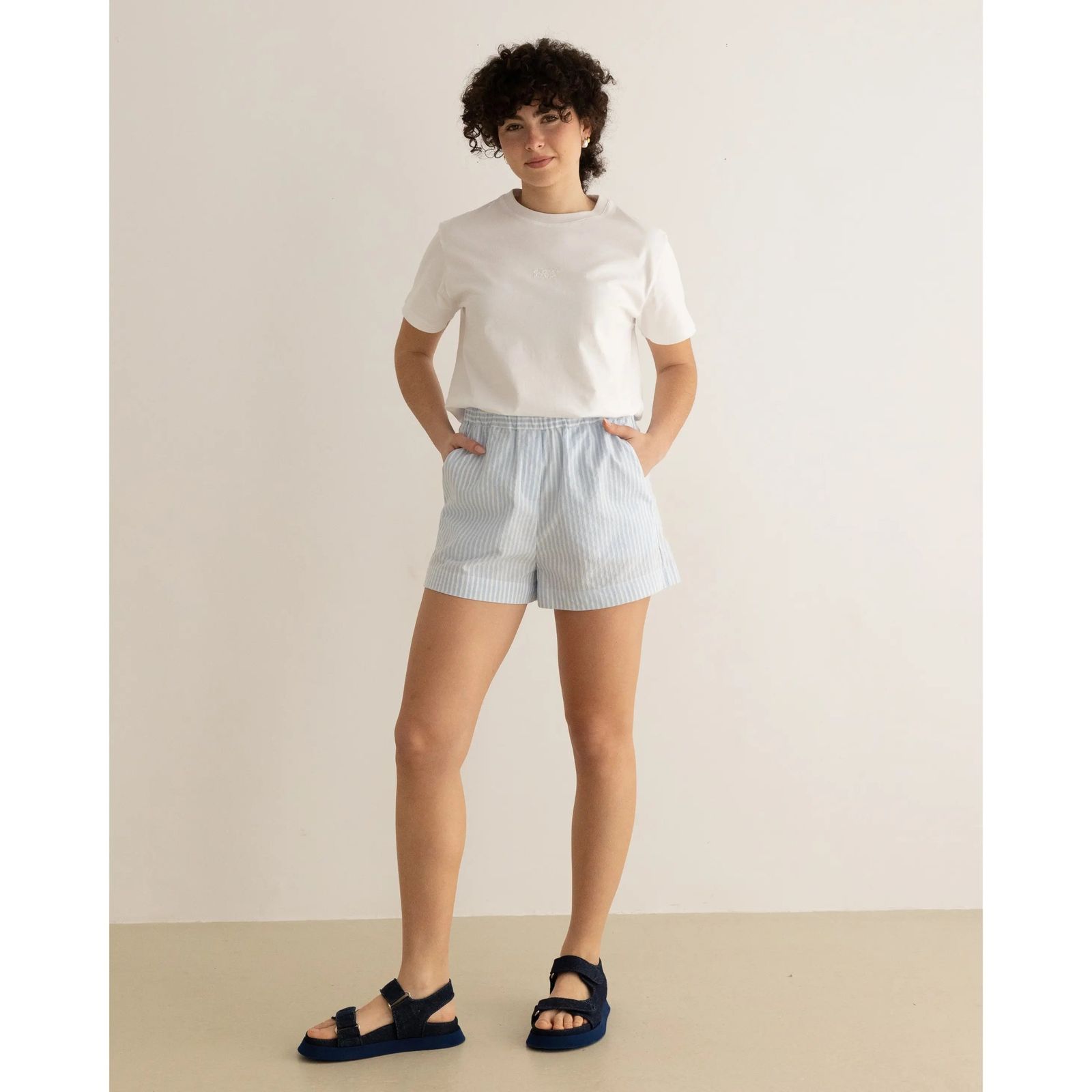 Tucked-In T-Shirt with Striped High-Waisted Shorts — Outfits for Short Torso