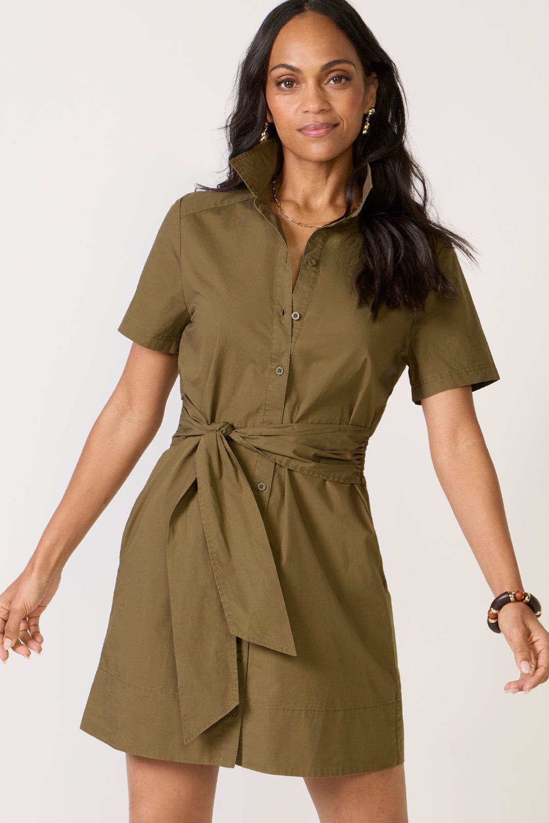 Olive Green Cotton Shirt Dress with Tie Waist Olive Green Cotton Shirt Dress with Tie Waist — Casual Dresses