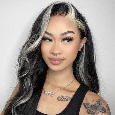 Long Layers With Silver Stripe Long Layers With Silver Stripe — Skunk Stripe Hair