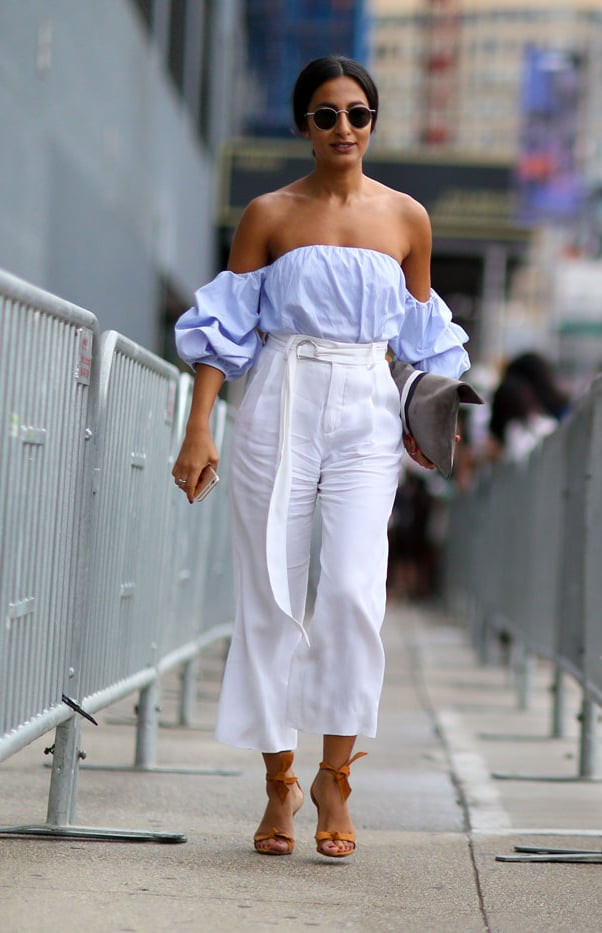 Polished Casual: Light Blue Puff-Sleeve Top with Belted Wide-Leg Pants — Off the Shoulder Top Outfits