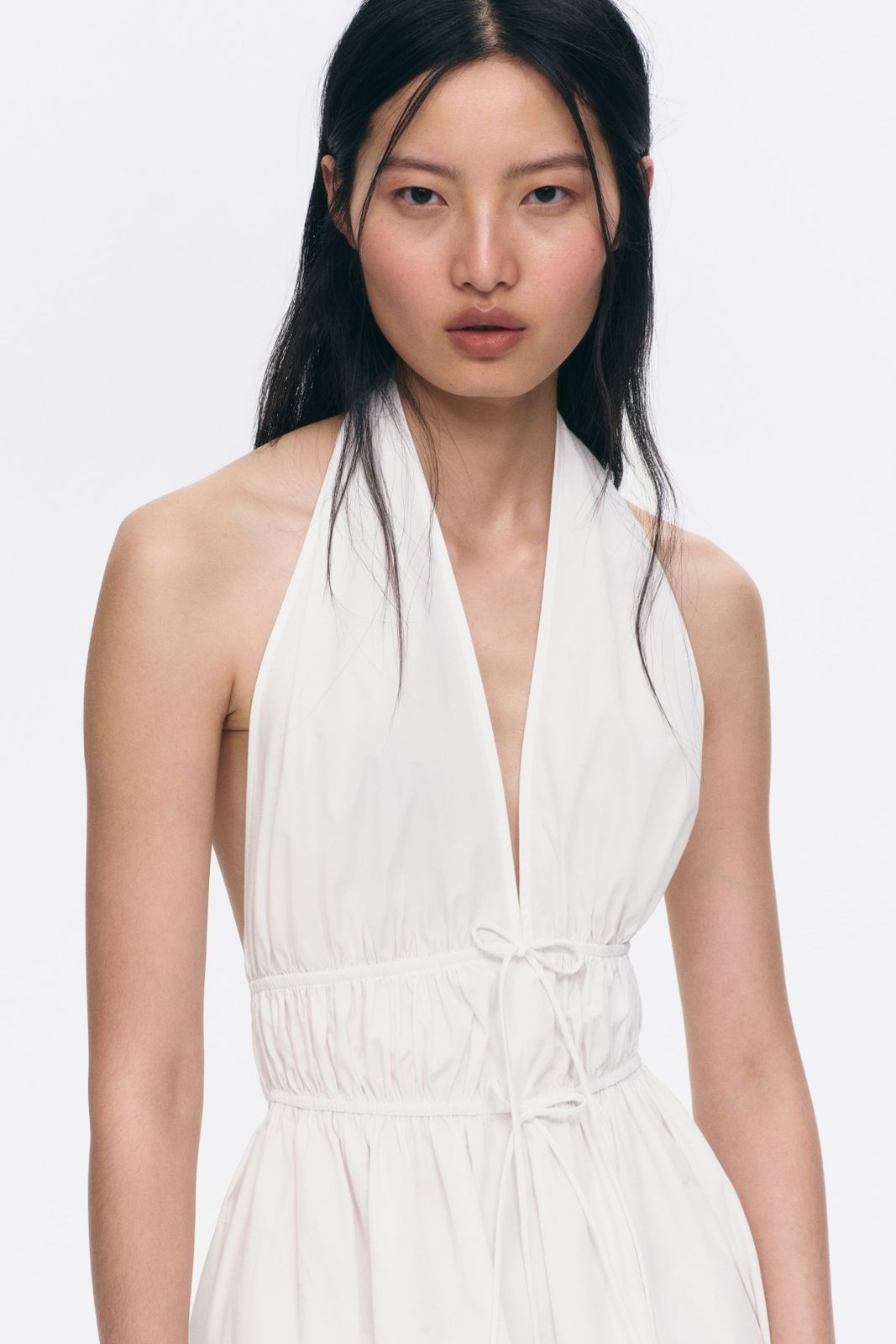 White Textured Halter Dress with Drawstring Waist — Halter Dresses