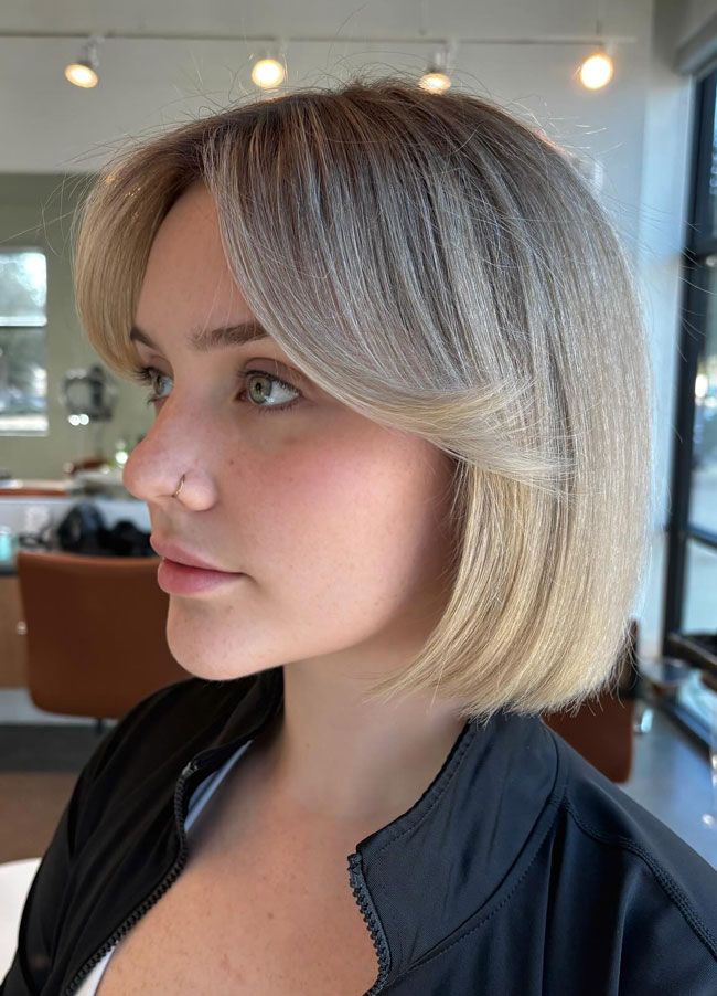 Ash Blonde Blunt Bob With Inward Curve Ash Blonde Blunt Bob With Inward Curve — Bob with Curtain Bangs