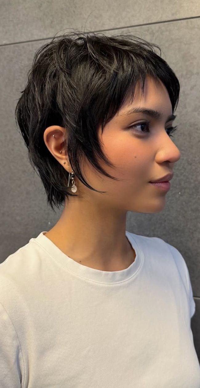 Jet Black Bixie With Face-Framing Tendrils Jet Black Bixie With Face-Framing Tendrils — Bixie Haircut