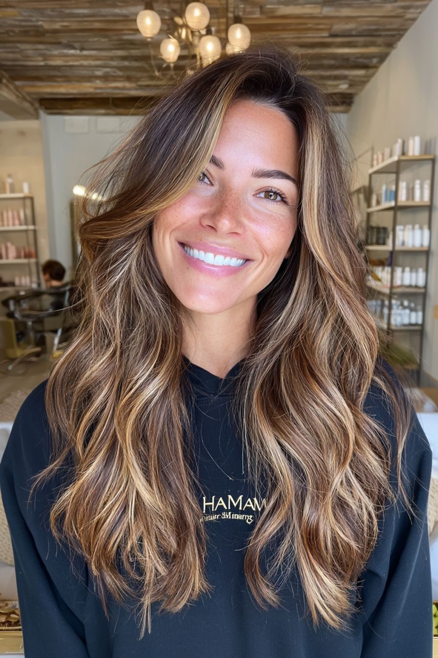 Medium Brown With Golden Blonde Balayage Medium Brown With Golden Blonde Balayage — Balayage Over 40
