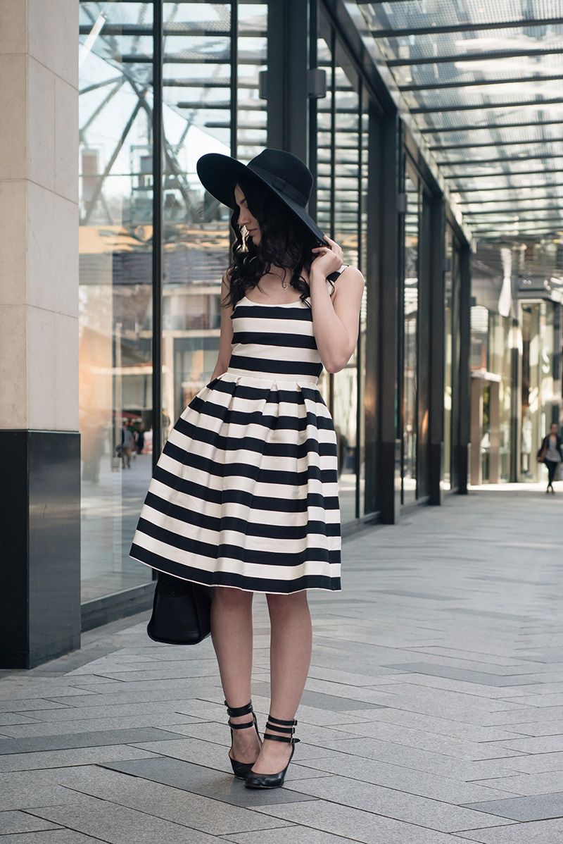Cocktail Party Fit-and-Flare Dress with Hat Cocktail Party Fit-and-Flare Dress with Hat — Striped Dresses