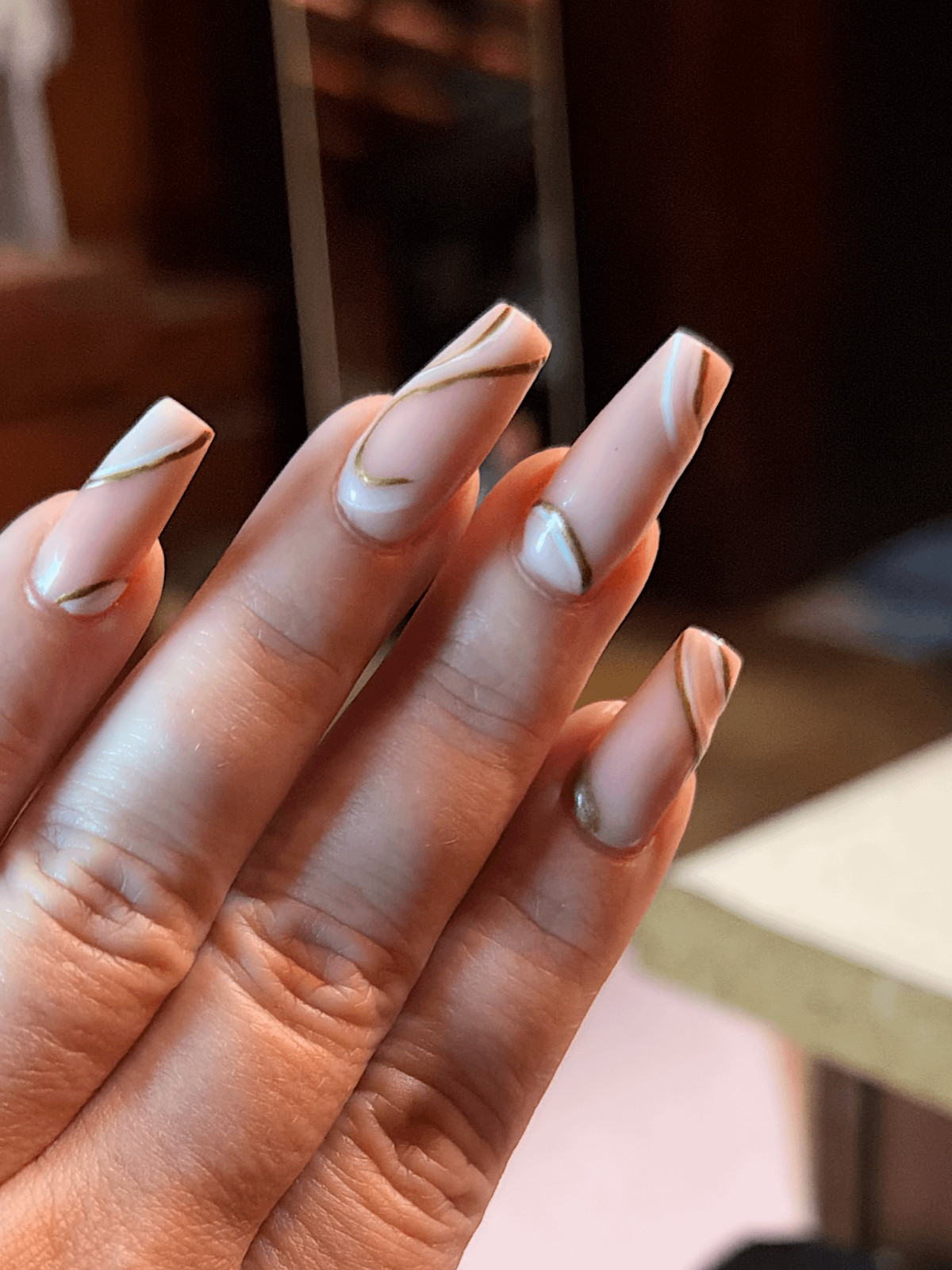 Nude Abstract Gold Line Long Square Nails Nude Abstract Gold Line Long Square Nails — Nails for Fat Fingers
