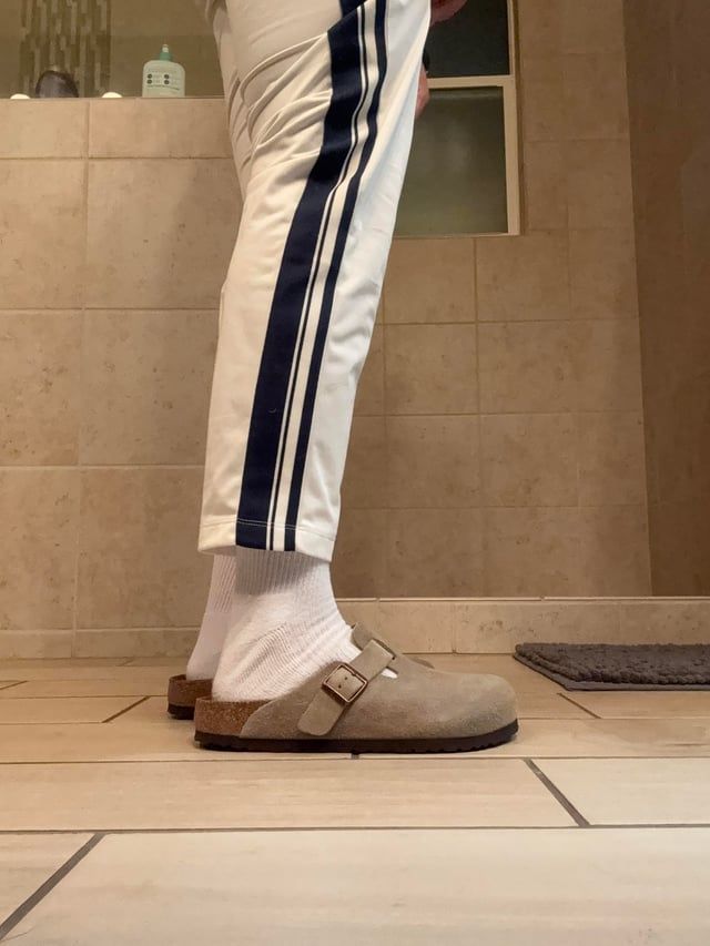 Taupe Birkenstock Bostons with Navy Striped Trousers Taupe Birkenstock Bostons with Navy Striped Trousers — Birkenstock Boston Outfits
