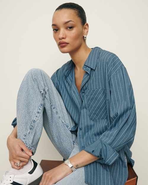 Blue and White Striped Oversized Button-Up Shirt with Jeans — Oversized Shirts