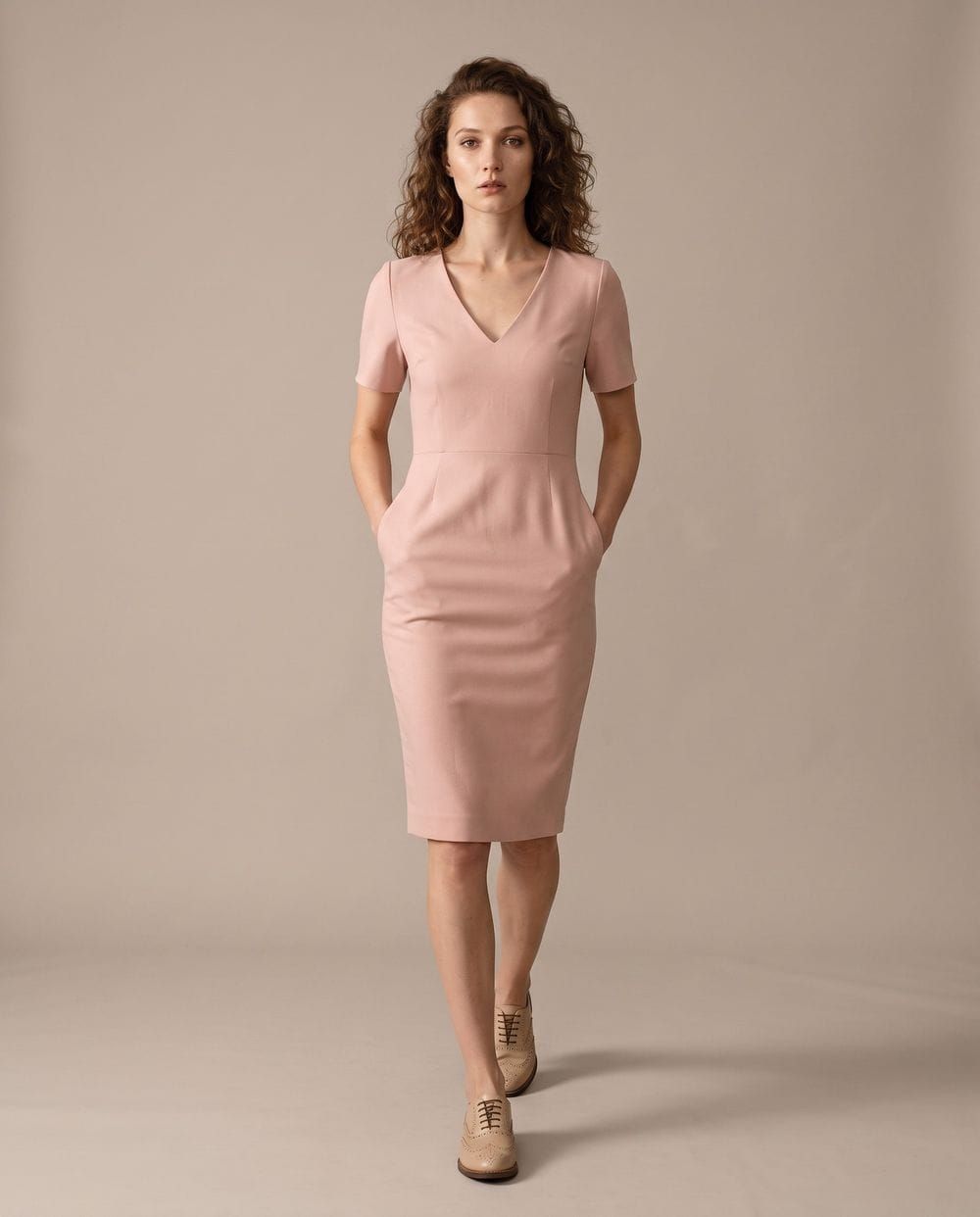 Blush Pink Sheath Dress with V-Neck and Pockets for an Interview Blush Pink Sheath Dress with V-Neck and Pockets for an Interview — Interview Dresses