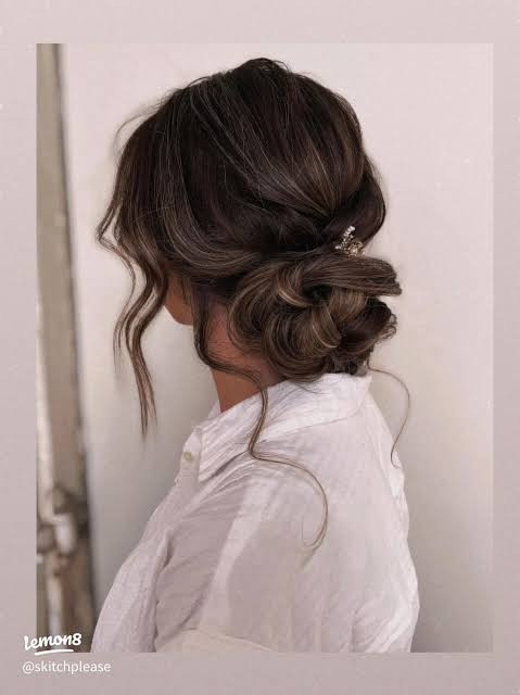 Dark Brown with Blonde Highlights Low Bun — Low Bun with Bangs