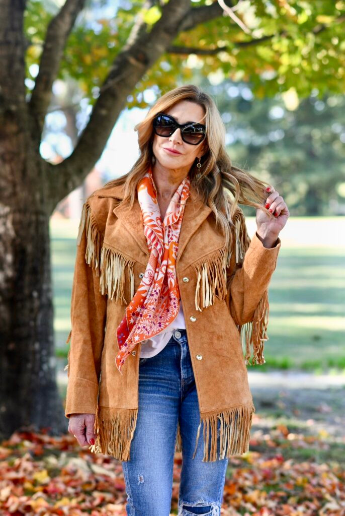 Boho Silk Scarf with Suede Jacket and Jeans — Silk Scarf Outfits