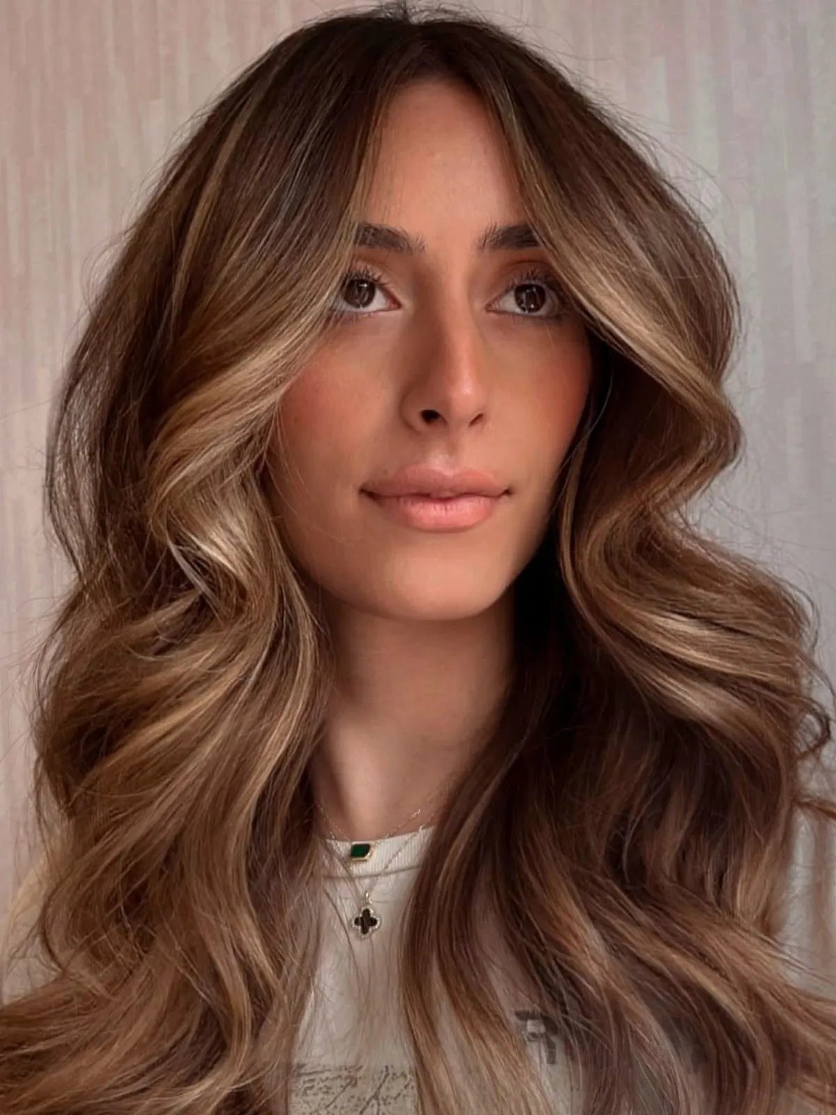 Collarbone Wavy Blowout with Even Light Brown Highlights Collarbone Wavy Blowout with Even Light Brown Highlights