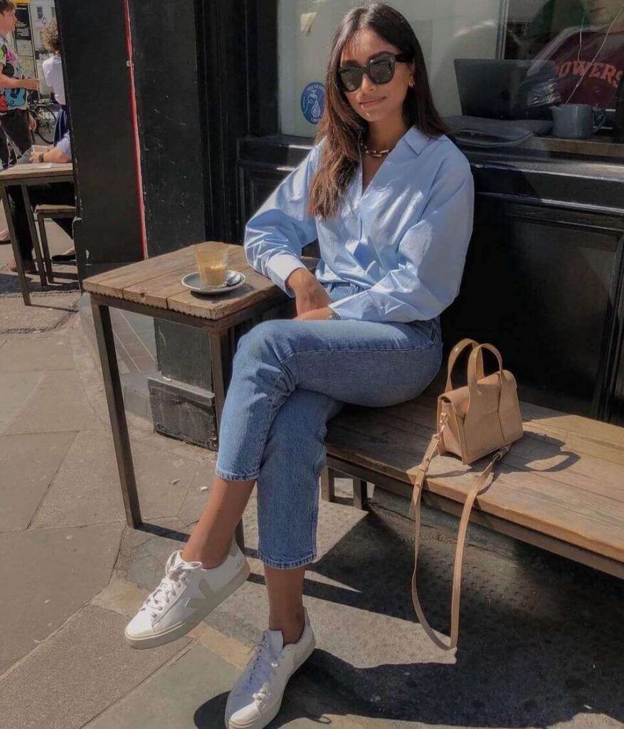 Light Blue Shirt and Jeans with Tan Crossbody Bag Light Blue Shirt and Jeans with Tan Crossbody Bag — Coffee Date Outfits