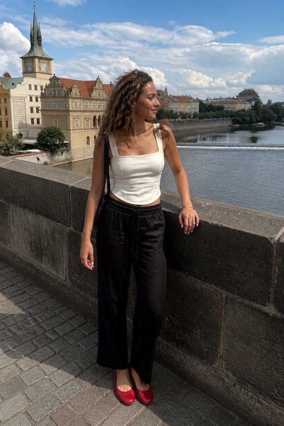White Crop Top with Black Linen Pants and Red Ballet Flats — Prague Outfits