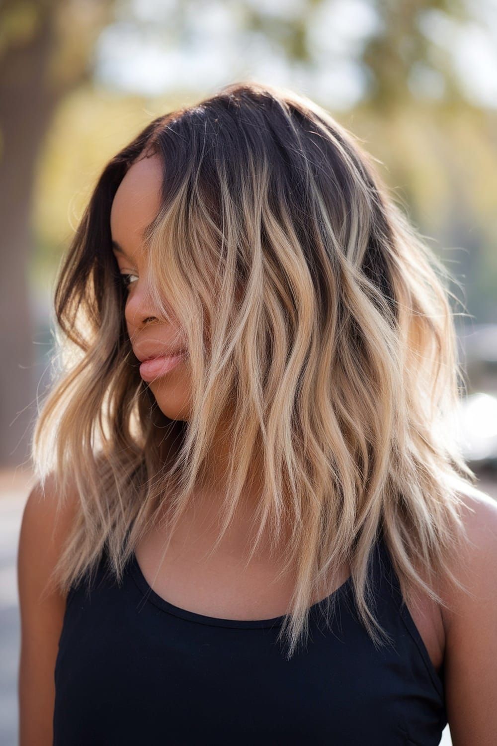 Shoulder Length Lob With Face Framing Honey Blonde Balayage Shoulder Length Lob With Face Framing Honey Blonde Balayage — Honey Blonde on Black Women