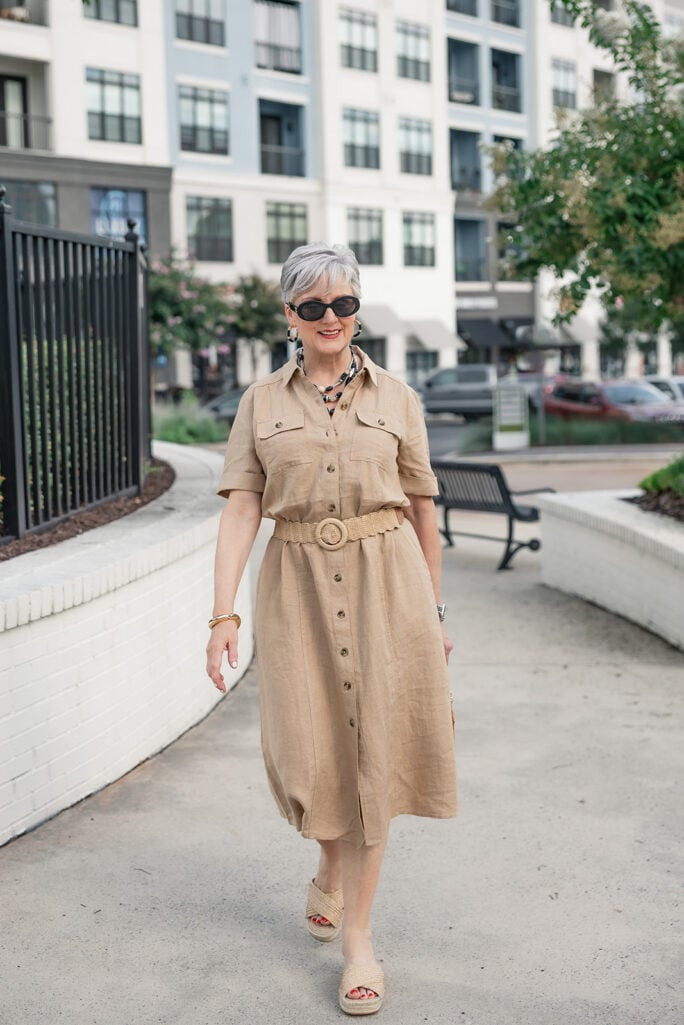 Linen Utility Dress Cinched with a Woven Scalloped Belt — Belt Outfits