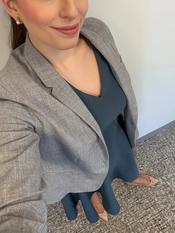 Teal V-Neck Dress with Grey Textured Blazer and Blush Flats Teal V-Neck Dress with Grey Textured Blazer and Blush Flats — Lawyer Outfits