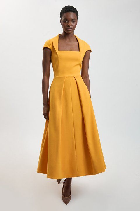 Vibrant Yellow Fit-and-Flare Midi Dress for Events Vibrant Yellow Fit-and-Flare Midi Dress for Events — Square Neck Dresses