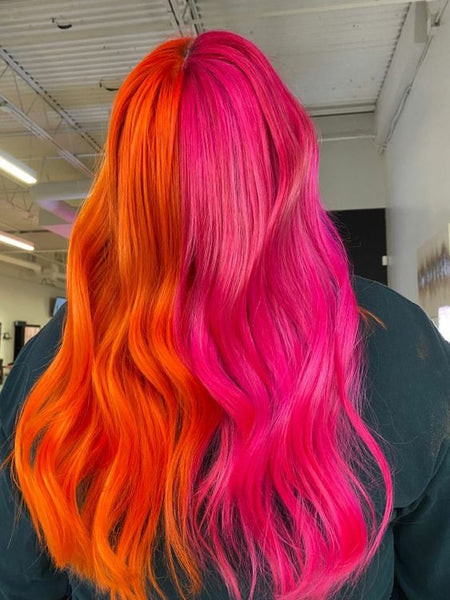 Vibrant Orange and Hot Pink Split Vibrant Orange and Hot Pink Split — Split Dye Hair