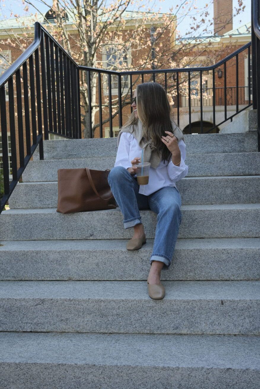 White Button-Down and Rolled Jeans with Scarf for Casual WFH Polish White Button-Down and Rolled Jeans with Scarf for Casual WFH Polish — Work From Home Outfits