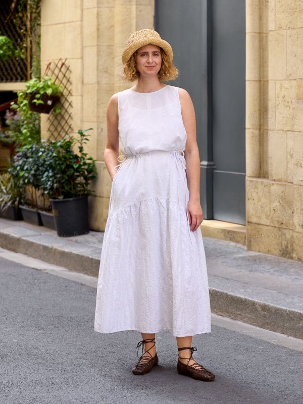 Textured Cotton Tiered Dress with Straw Hat for Casual Day — Tiered Dresses
