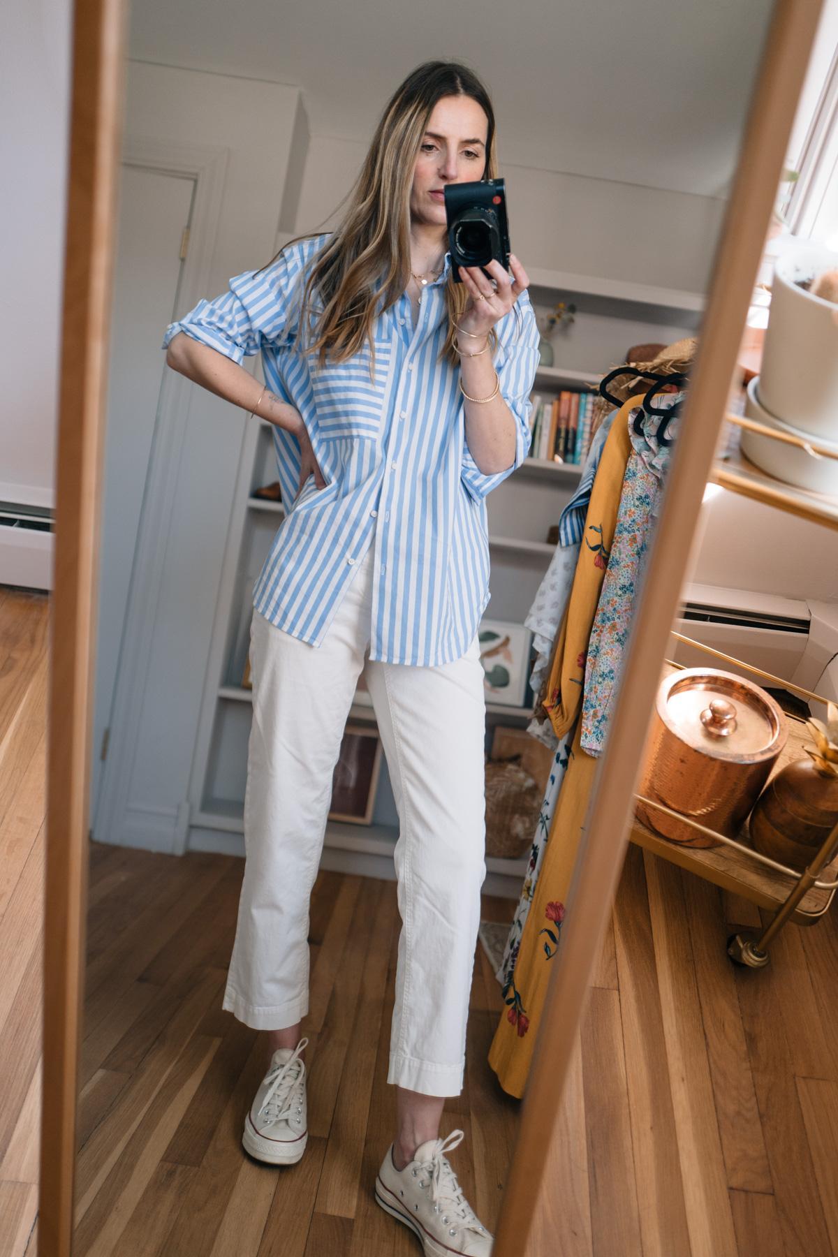 Blue and White Striped Button-Up with White Straight-Leg Pants Blue and White Striped Button-Up with White Straight-Leg Pants — Button Up Shirt Outfits