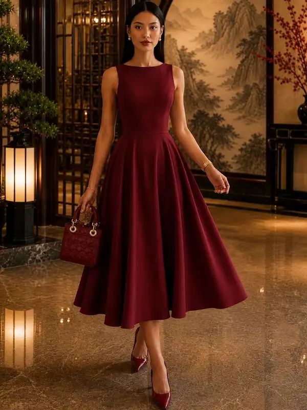 Burgundy Crepe Fit-and-Flare Midi Dress with Boat Neckline — Semi Formal Dresses