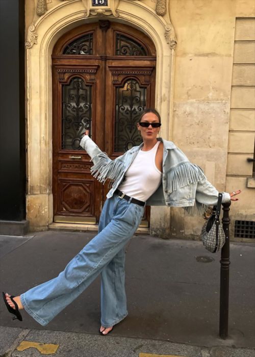 Fringe Detail: Wide Leg Jeans with a Denim Jacket — Light Wash Jeans Outfits