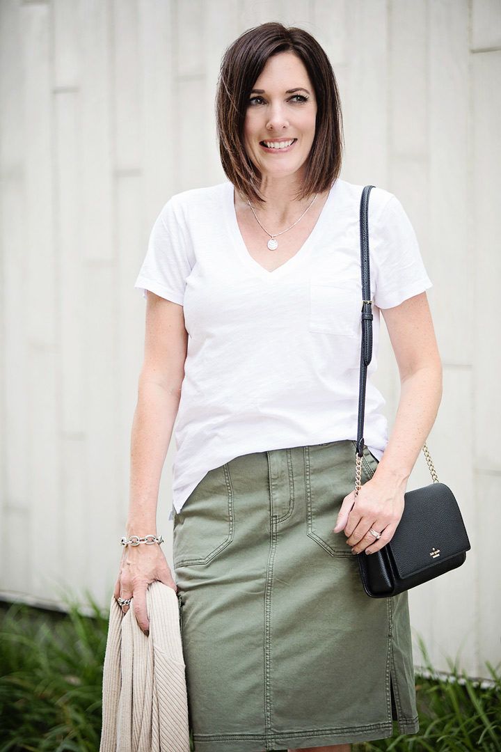 Not Visible Olive Green Cargo Midi Skirt with V-neck T-shirt — Cargo Skirt Outfits