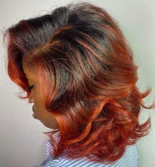 Voluminous Bob With Vibrant Red Voluminous Bob With Vibrant Red — Red Highlights on Black Hair