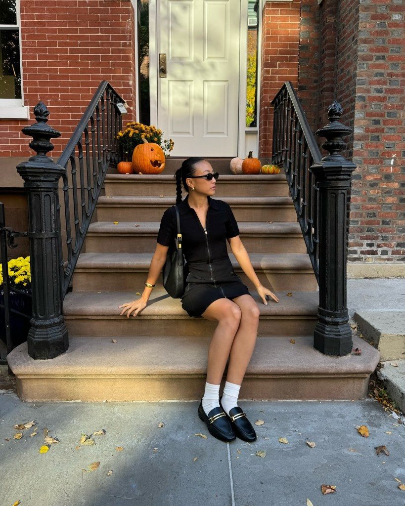 Zip-Up Dress with Gold Detail Loafers — Loafers with Dress Outfits
