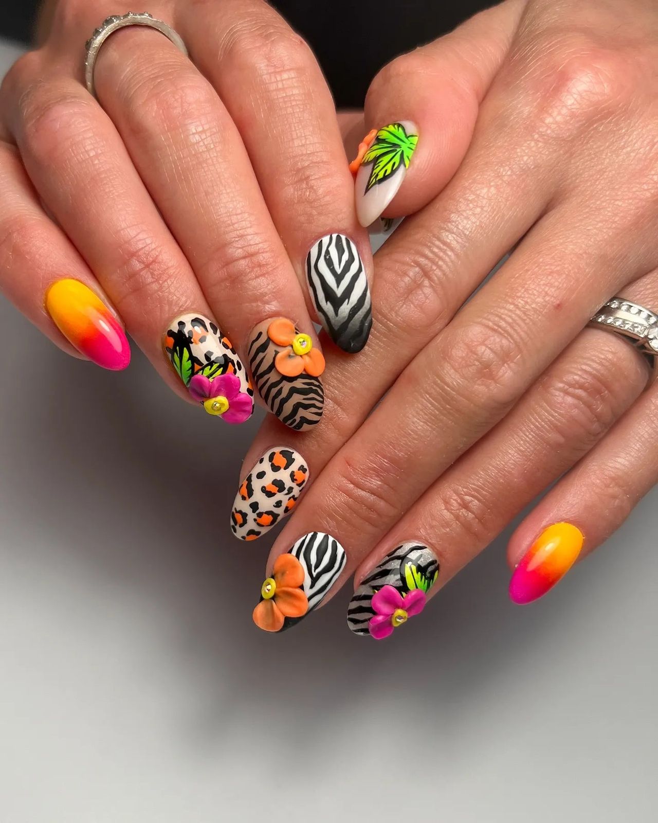 Neon Zebra with 3D Floral Accents — Zebra Nails