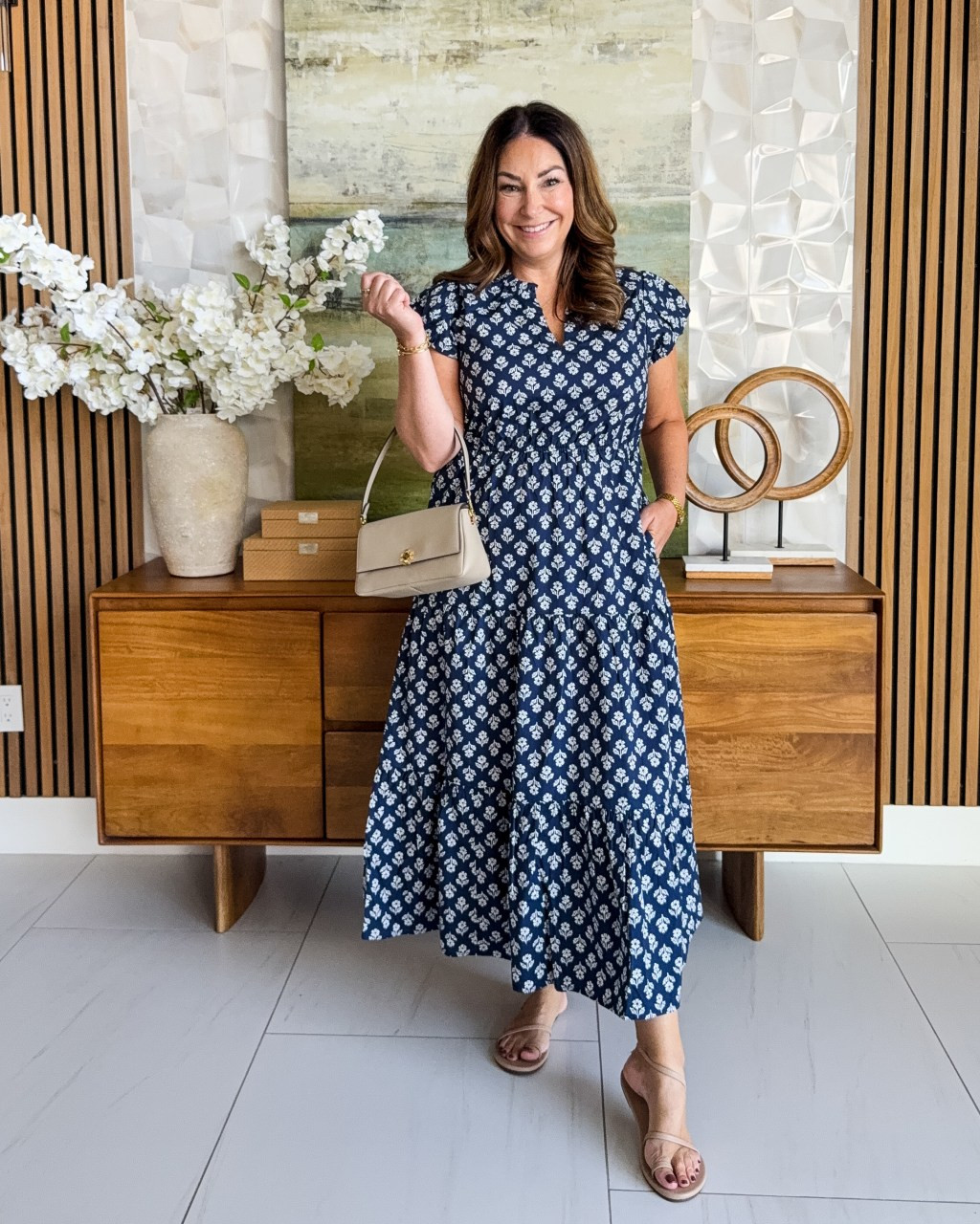 Geometric Print Midi Dress with Nude Heels — Anthropologie Outfits
