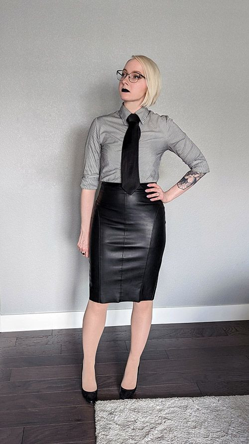 Striped Button-Down with Black Tie and Leather Pencil Skirt for Sharp Corporate Goth — Corporate Goth Outfits