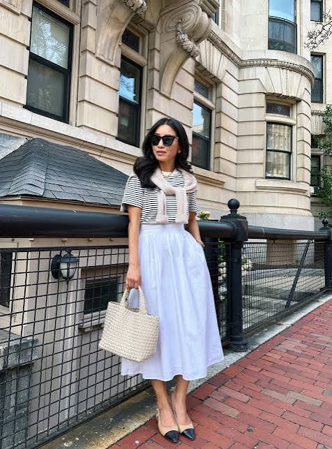 Voluminous White Midi Skirt with Striped T-Shirt — Midi Skirt Outfits