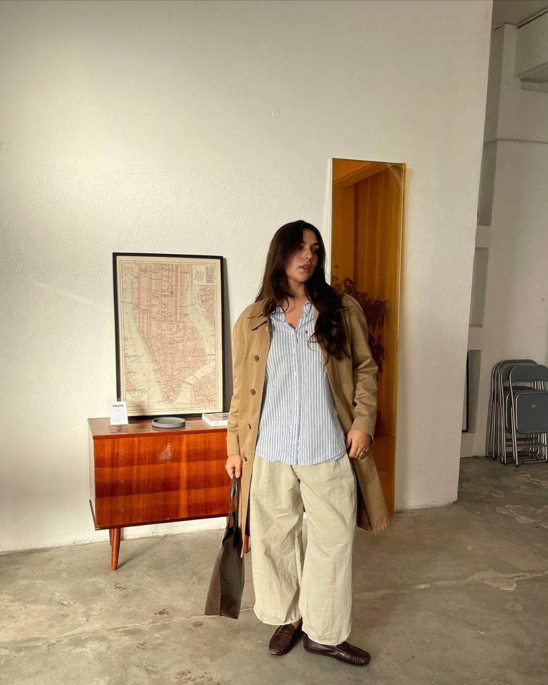 Trench Coat and Wide-Leg Trousers with Penny Loafers — Penny Loafers Outfits