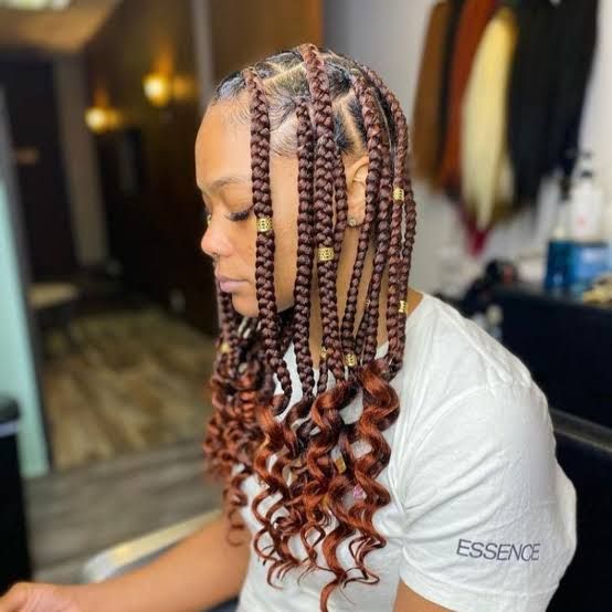 Brown Box Braids with Copper Highlights and Curly Ends — Two Tone Braids