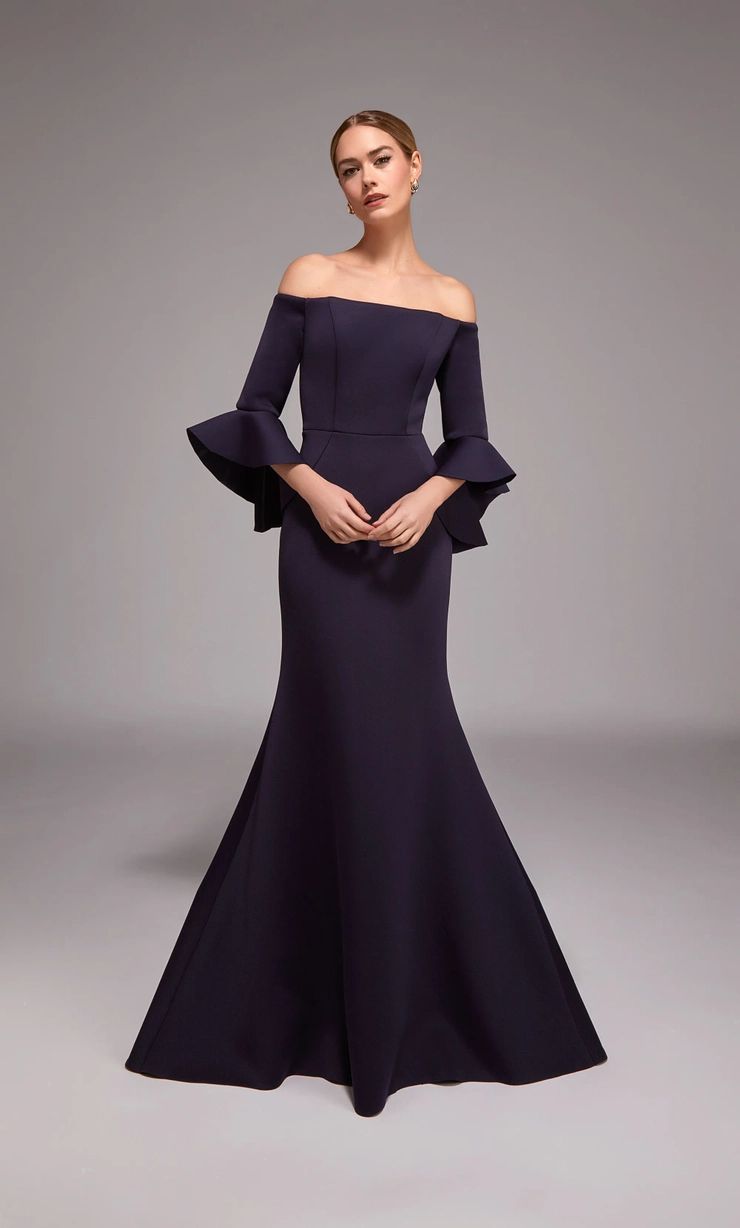 Dramatic Dark Purple Neoprene Mermaid Gown with Flared Sleeves Dramatic Dark Purple Neoprene Mermaid Gown with Flared Sleeves — Mother of the Bride Outfits