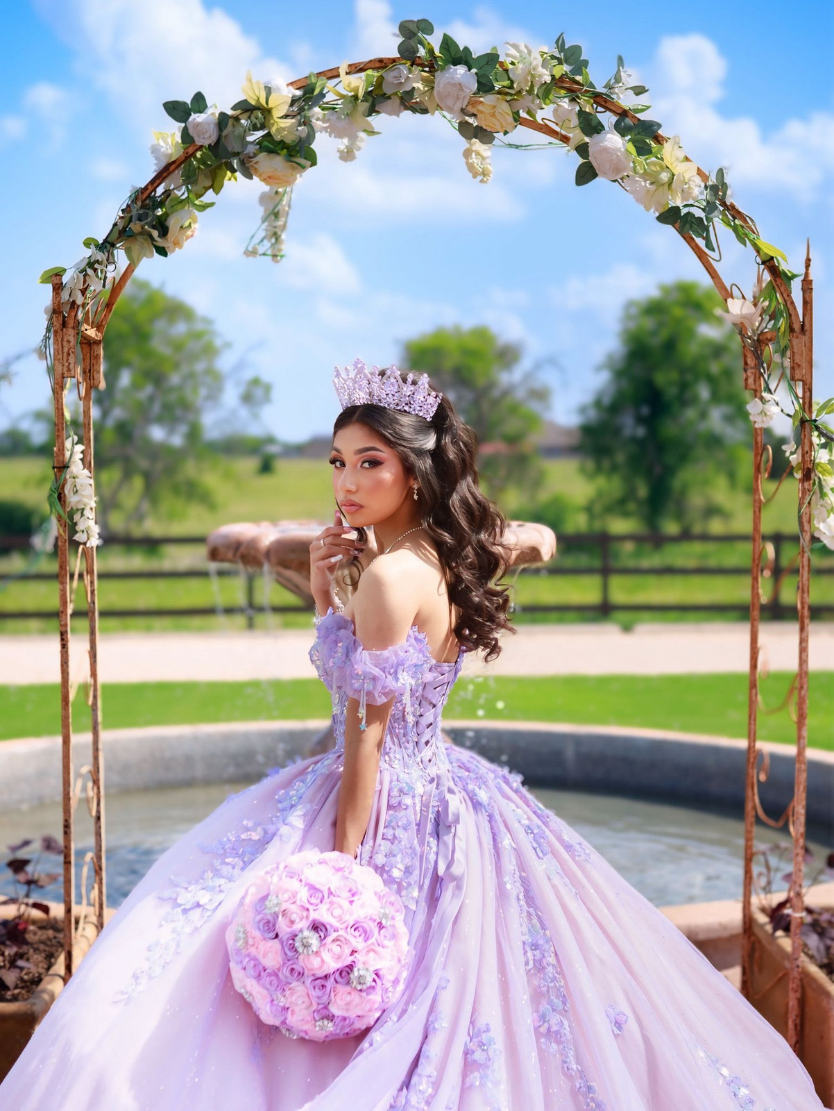 Lavender Ballgown with Off-the-Shoulder Sleeves and Floral Appliques Lavender Ballgown with Off-the-Shoulder Sleeves and Floral Appliques — Quinceanera Dresses