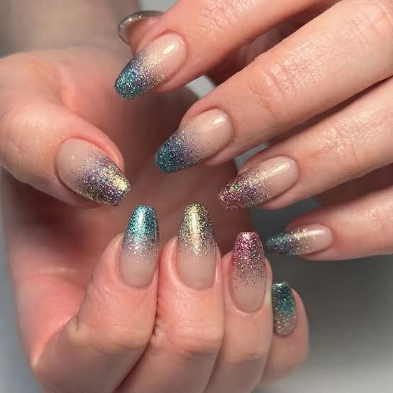 Teal Purple Gold Glitter Gradient Almonds — Festival Nails