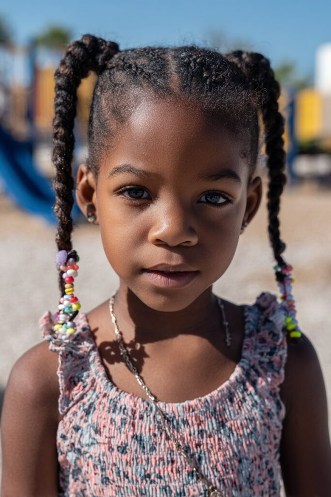 Braided Ponytails With Colorful Beads — Kids Braids with Beads