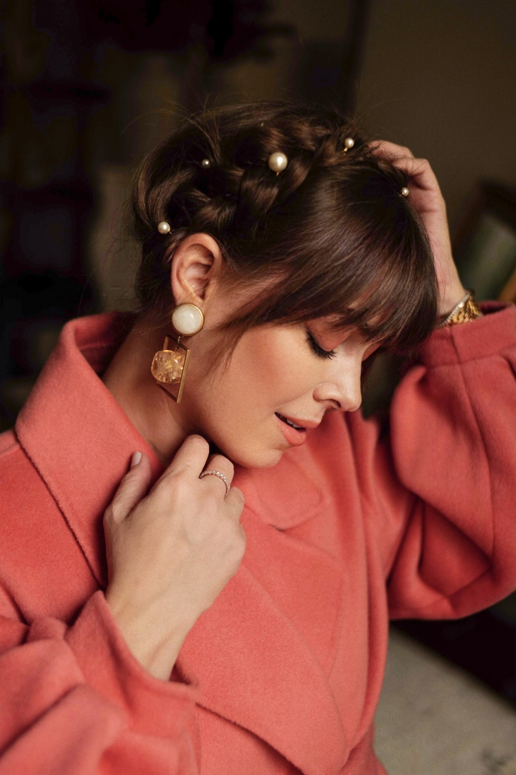 Medium Brown Wavy Lob With Blunt Bangs — Milkmaid Braid
