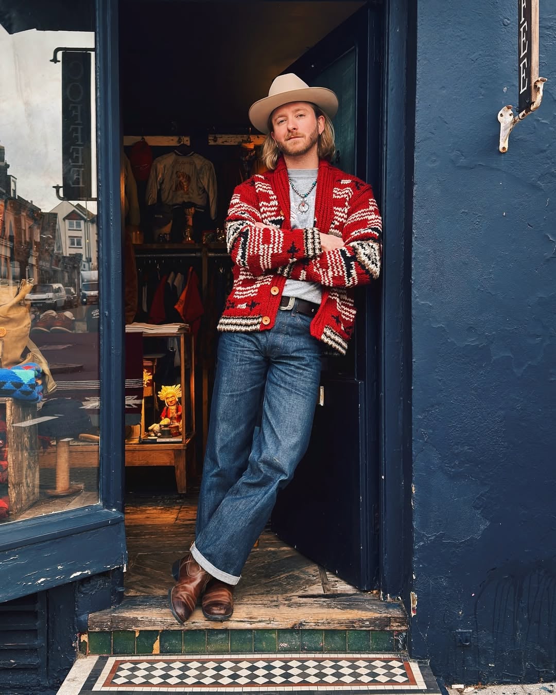 Patterned Cardigan Over T-Shirt and Jeans Patterned Cardigan Over T-Shirt and Jeans — Outfits for Men